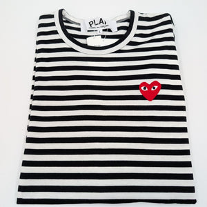 Comme des Garçons Play Gestreiftes Langarm T-Shirt mit rotem Herz - Patch - Schwarz - M - MOSTWANTED24