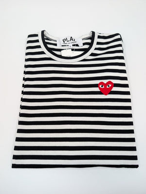 Comme des Garçons Play Gestreiftes Langarm T-Shirt mit rotem Herz - Patch - Schwarz - M - MOSTWANTED24