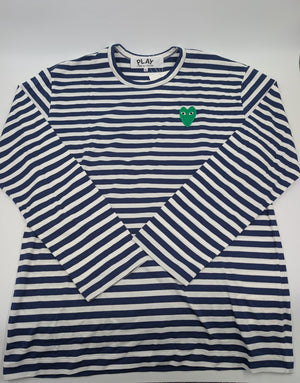 Comme des Garçons PLAY Langarm T-Shirt mit grünem Herz - Patch (Navy/White) - Navy - XXL - MOSTWANTED24