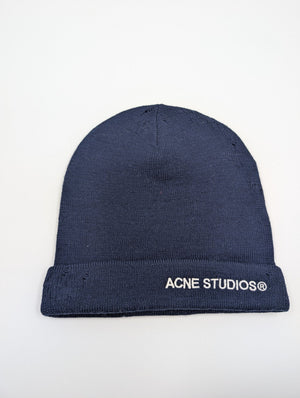 Acne Studios Distressed Logo Beanie - Navy - Onesize - MOSTWANTED24